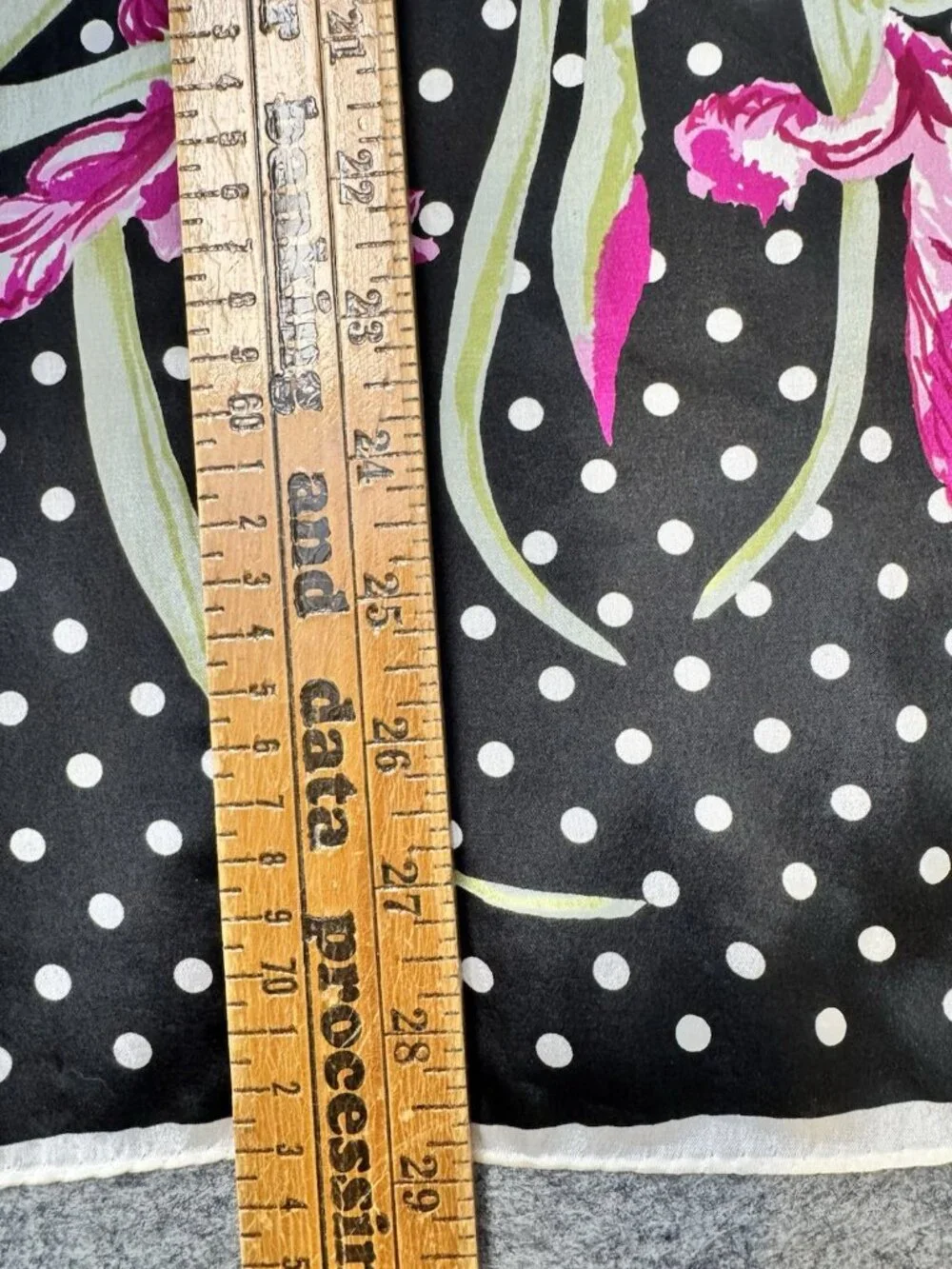 Vintage SILK Scarf, Black & White Polka Dots with Pink Florals 28.5